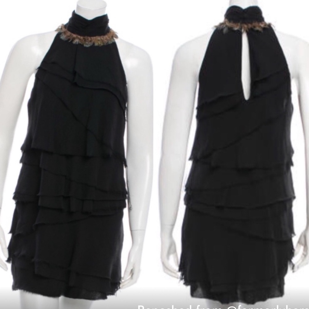 Elizabeth & James Black Halter Dress with Feather Detail